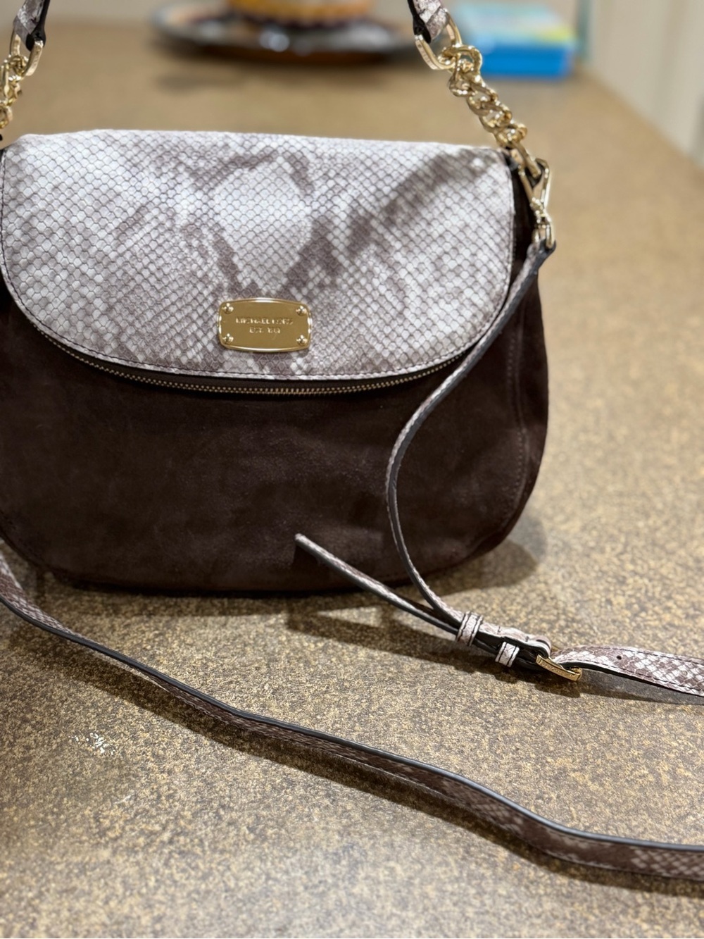 Michael Kors Brown Suede Crossbody with Snake-Print Flap